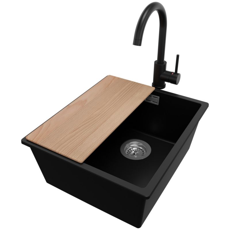 Zlewozmywak Granitowy Londyn Slim PRIMAGRAN Nablatowy 41x47cm do szafki od 45cm z Syfonem i Baterią i Dodatkiem Czarny 1 szt.