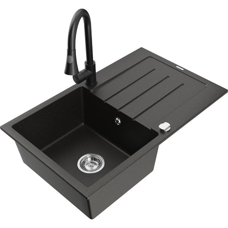 Zlewozmywak granitowy 1-komorowy Mexen Bruno z ociekaczem i baterią kuchenną Flora biały - 6513-20-670401-70-B 1 szt.