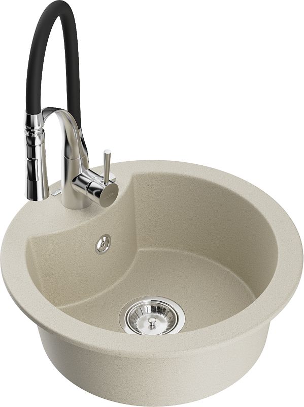Zlewozmywak granitowy Mexen Diego 1-komorowy z baterią kuchenną Aster beżowy 6512-69-73450-07