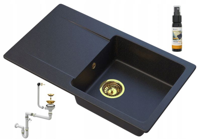 Zlewozmywak Granitowy Granitan Jednokomorowy Z Ociekaczem Trendy Czarny Z Złotymi Drobinkami Syfon Złoty 1 Kpt.