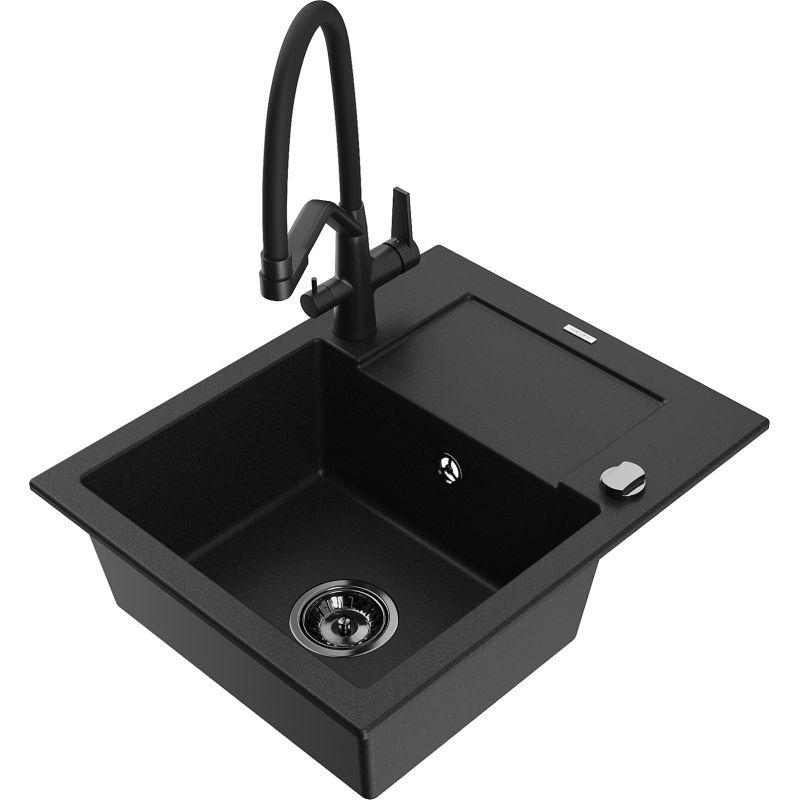 Zlewozmywak granitowy 1-komorowy Mexen Enzo z ociekaczem i baterią kuchenną Duo czarny - 6506-77-671701-07 1 szt.
