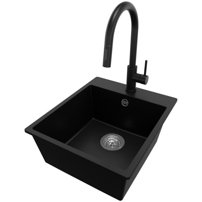 Zlewozmywak Granitowy Ryga PRIMAGRAN Nablatowy 43x50cm do szafki od 45cm, Czarny + Bateria 40x20cm + Syfon, S143, 1 szt.