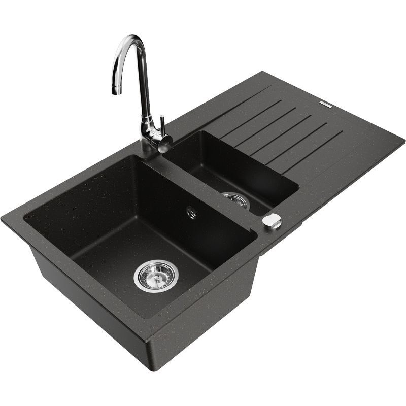 Zlewozmywak granitowy 1.5-komorowy Mexen Matias z ociekaczem i baterią kuchenną Telma czarny/złoty 6502-75-670200-00