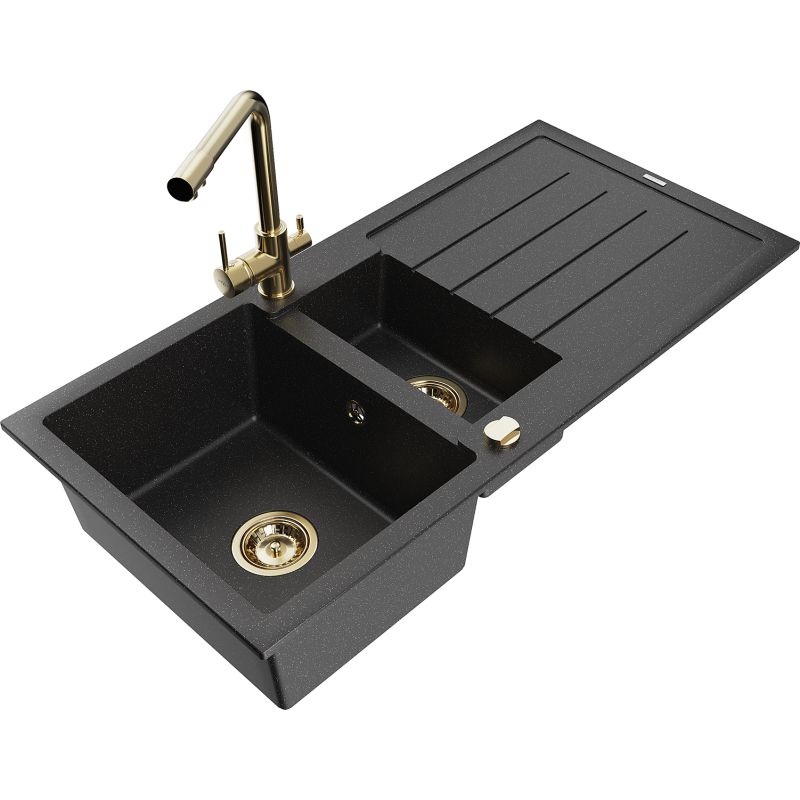 Zlewozmywak granitowy 1.5-komorowy Mexen Andres z ociekaczem i baterią kuchenną Duero czarny/srebrny 6515-73-671600-50