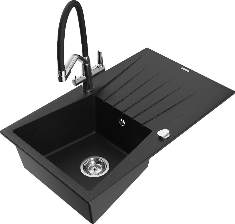 Zlewozmywak granitowy Mexen Cesar 1-komorowy z ociekaczem i baterią kuchenną Duo czarny - 6514-77-671701-57-B 1 szt.