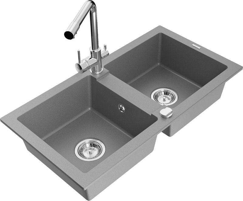 Zlewozmywak granitowy Mexen Mario 2-komorowy z baterią kuchenną Duero szary 6504-71-671600-00