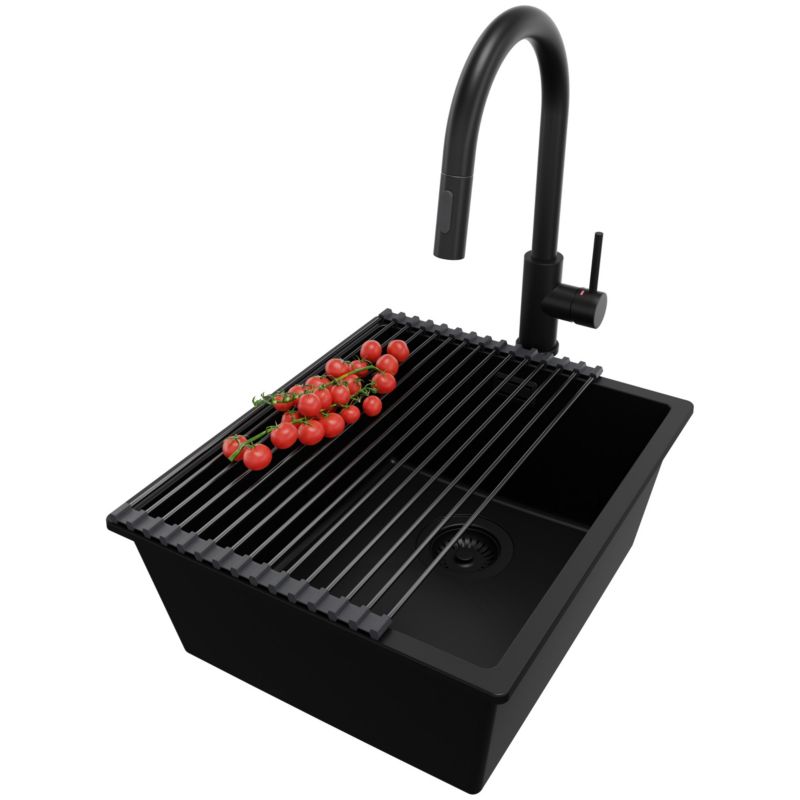 Zlewozmywak Granitowy Londyn Slim PRIMAGRAN Nablatowy 41x47cm do szafki od 45cm z Syfonem i Baterią i Dodatkiem Cały Czarny 1 szt.