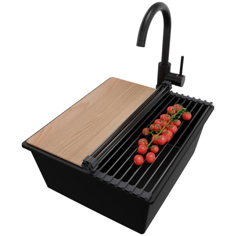 Zlewozmywak Granitowy Londyn Slim PRIMAGRAN Nablatowy 41x47cm do szafki od 45cm z Syfonem i Baterią i Dodatkiem Cały Czarny 1 szt.