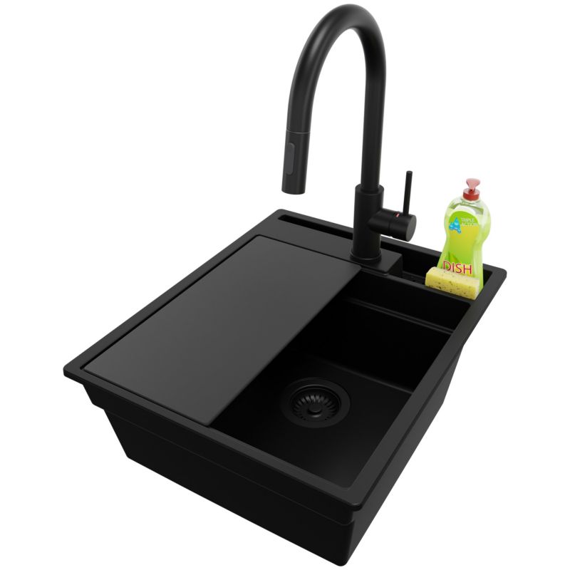 Zlewozmywak Granitowy Oslo Pocket PRIMAGRAN Nablatowy 43x53cm do szafki od 45cm z Syfonem i Baterią i Dodatkiem Cały Czarny 1 szt.