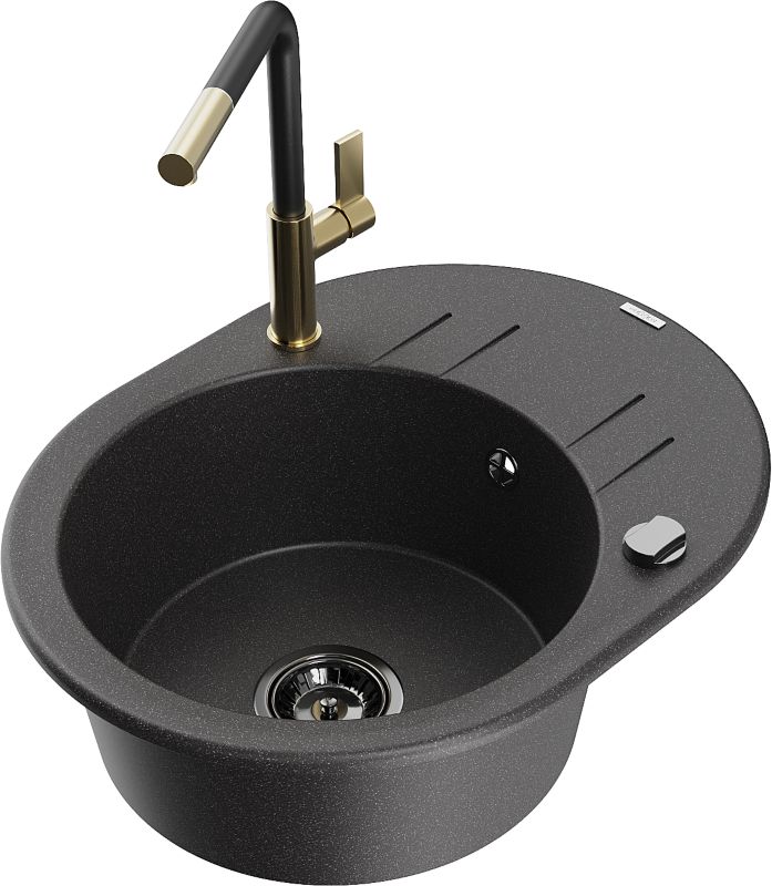 Zlewozmywak granitowy Mexen Kevin 1-komorowy z ociekaczem i baterią kuchenną Flora czarny 6517-76-670401-57-B