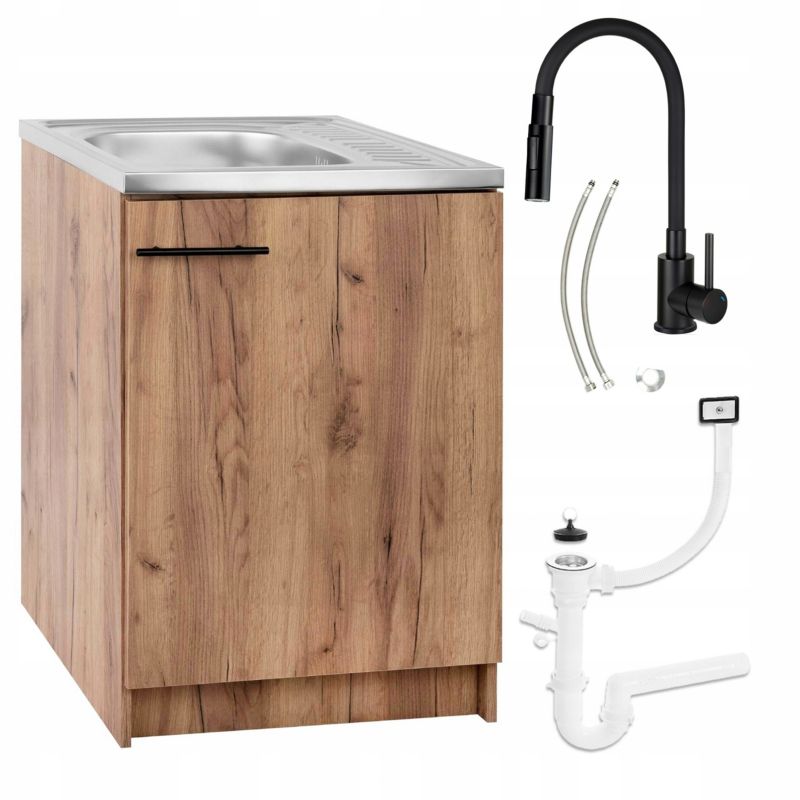 Szafka Kuchenna Dąb Złoty 60x50 Zlew Bateria Deante Czarna Elastyczna 2w1