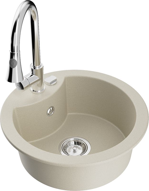 Zlewozmywak granitowy Mexen Diego 1-komorowy z baterią kuchenną Elia beżowy 6512-69-670101-00