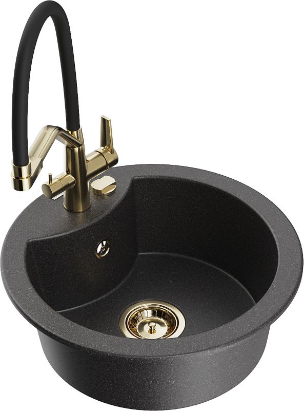 Zlewozmywak granitowy Mexen Diego 1-komorowy z baterią kuchenną Duo czarny - 6512-76-671701-57-B 1 szt.