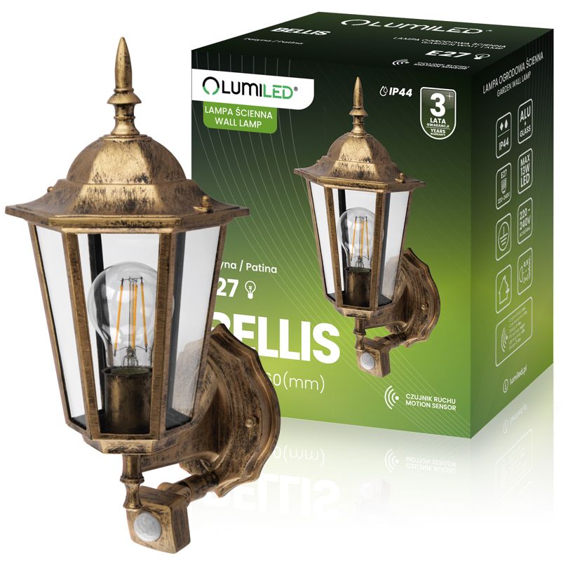 Lampa Ogrodowa Lumiled Kinkiet Elewacyjny Zewnętrzny E27 LED Latarnia z Czujnikiem Ruchu 1 szt.