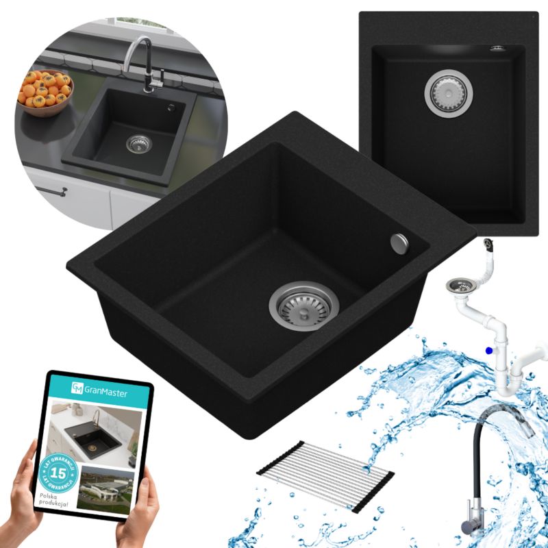 Zestaw zlewozmywak kuchenny GranMaster Ivo 1-komorowy z baterią, syfonem i roll matą, czarny metalik 1szt.