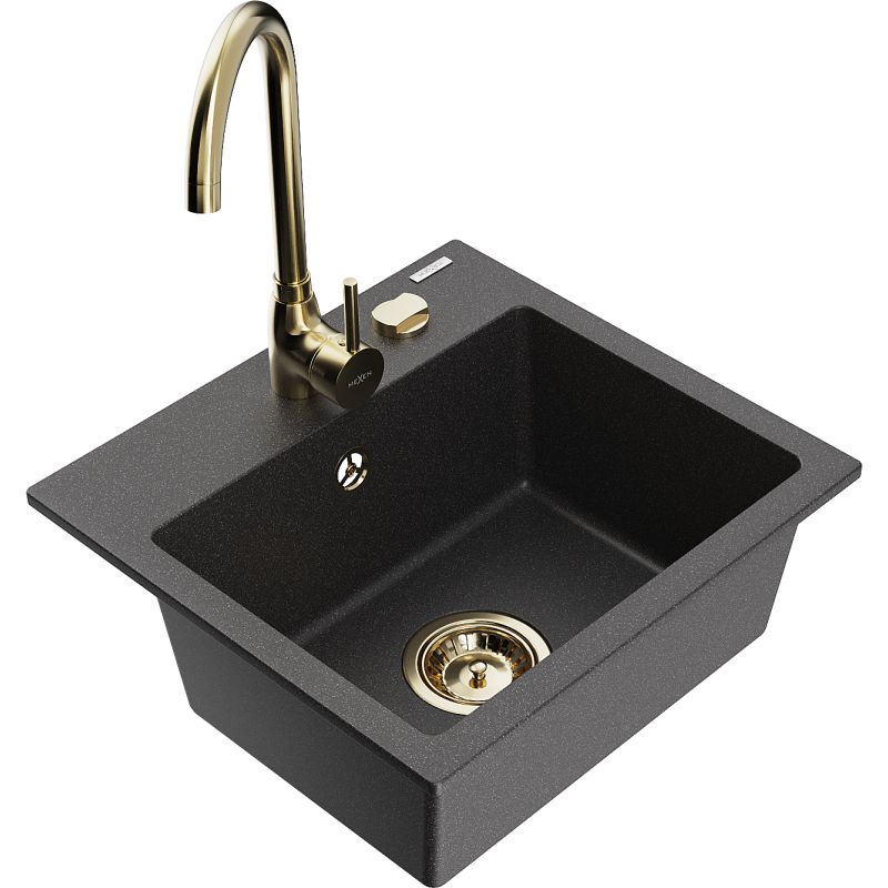 Zlewozmywak granitowy 1-komorowy Mexen Milo z baterią kuchenną Telma czarny nakrapiany 6505-76-670200-50