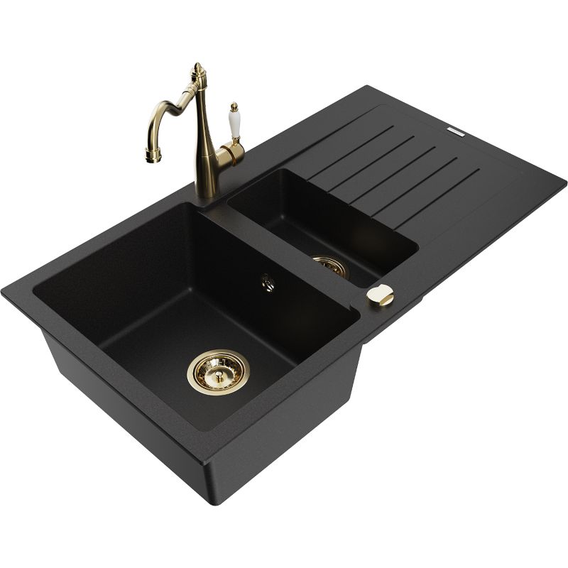 Zlewozmywak granitowy 1.5-komorowy Mexen Matias z ociekaczem i baterią kuchenną Carla czarny - 6502-77-670700-50-B 1 szt.