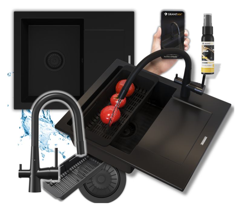 Zlewozmywak Granitowy Granitan Bello Jednokomorowy Bateria Trójdrożna Syfon 1kpl.