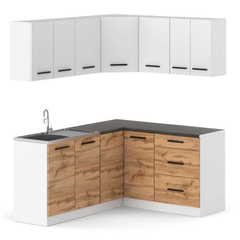 Zestaw Kuchenny Hurtownia-Mebli Z Blatem Kuchnia narożna Diana 320cm Biały Mat Biały Mat/Dąb Wotan 320x47x145 cm 1szt.