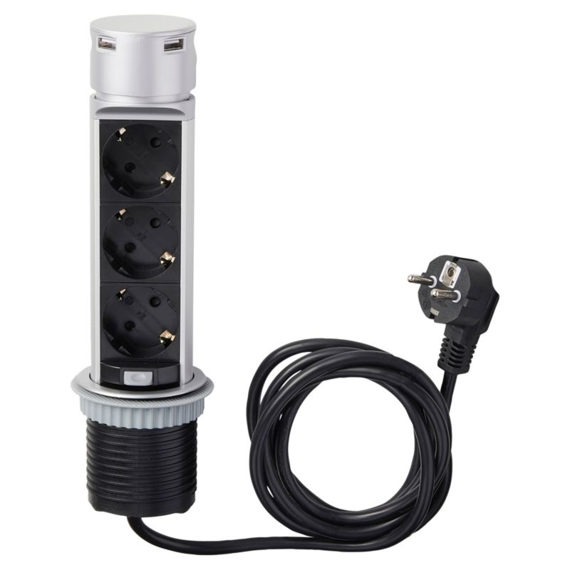 Listwa wysuwana Otio 60 mm 3 gniazda z uziemieniem 16 A 2 USB 3 x 1,5 mm2 2 m