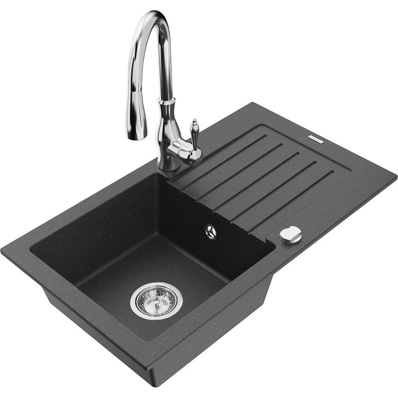 Zlewozmywak granitowy 1-komorowy Mexen Pablo z ociekaczem i baterią kuchenną Savita czarny nakrapiany - 6510-76-672601-76 1 szt.