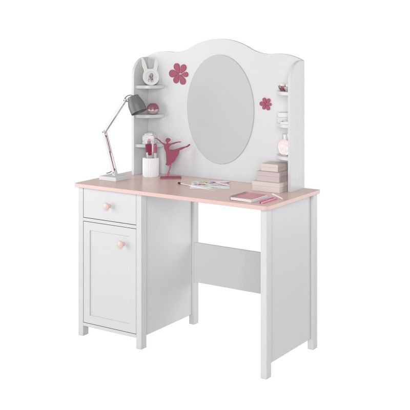Biurko z toaletką Bettso Laura nowoczesne z różowymi dodatkami biały 1szt.