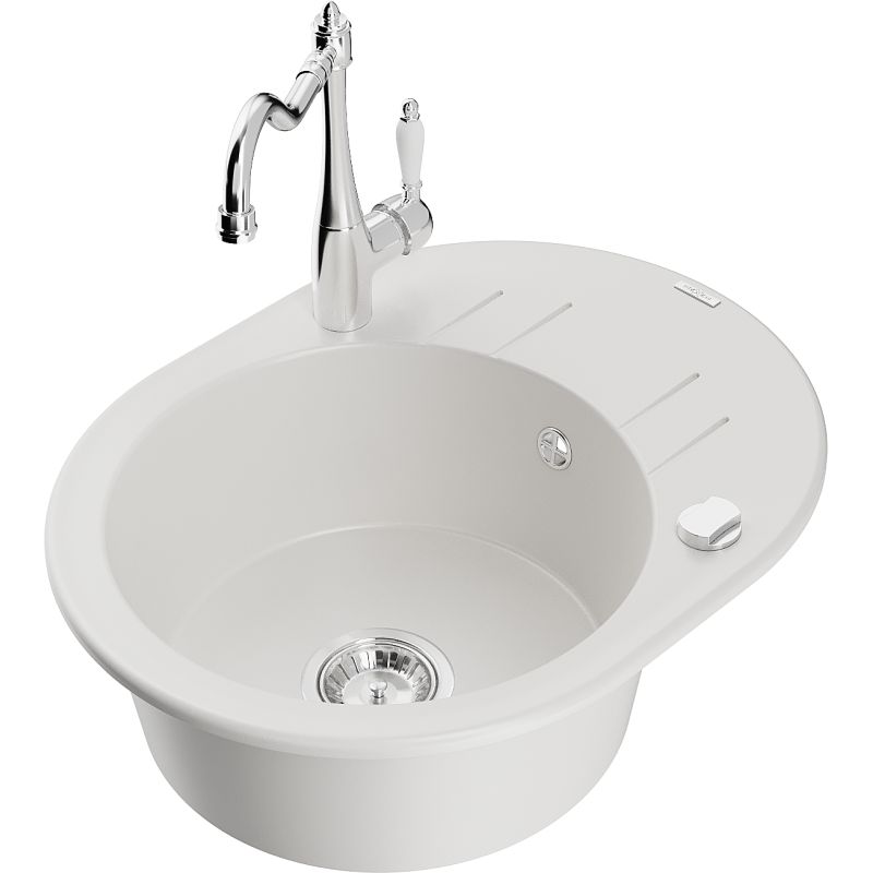 Zlewozmywak granitowy 1-komorowy Mexen Kevin z ociekaczem i baterią kuchenną Carla biały 6517-20-670700-00