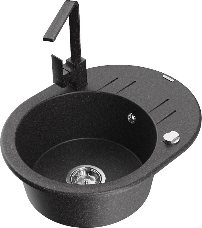 Zlewozmywak granitowy Mexen Kevin 1-komorowy z ociekaczem i baterią kuchenną Rita czarny/złoty - 6517-75-670300-50-B 1 szt.