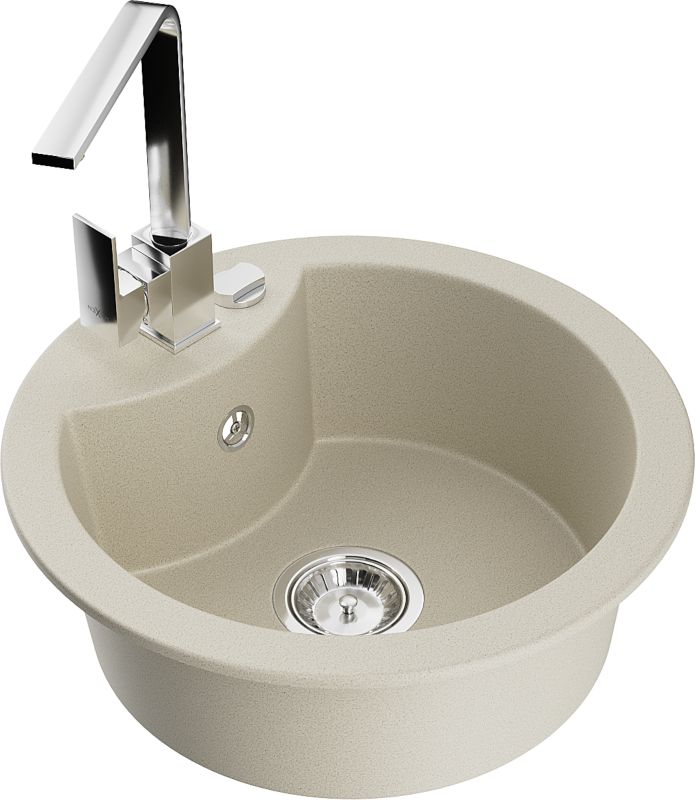 Zlewozmywak granitowy Mexen Diego 1-komorowy z baterią kuchenną Rita beżowy 6512-69-670300-00