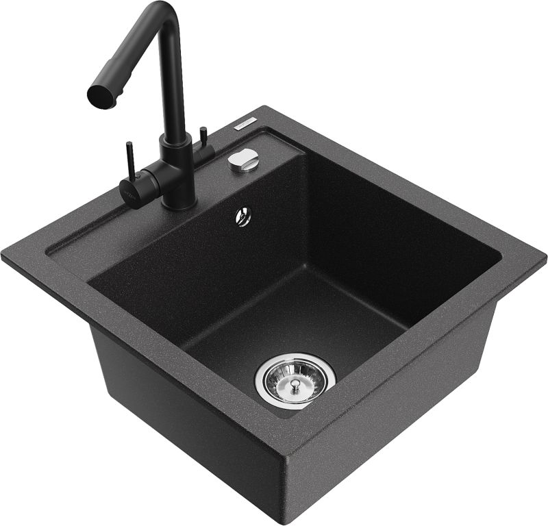 Zlewozmywak granitowy Mexen Vito 1-komorowy z baterią kuchenną Duero czarny 6503-76-671600-70