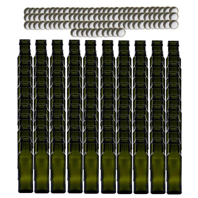 Butelki szklane MODO24 100 ml maraska kwadratowa zielona na oliwę fi 31 z nakrętkami 100 szt.