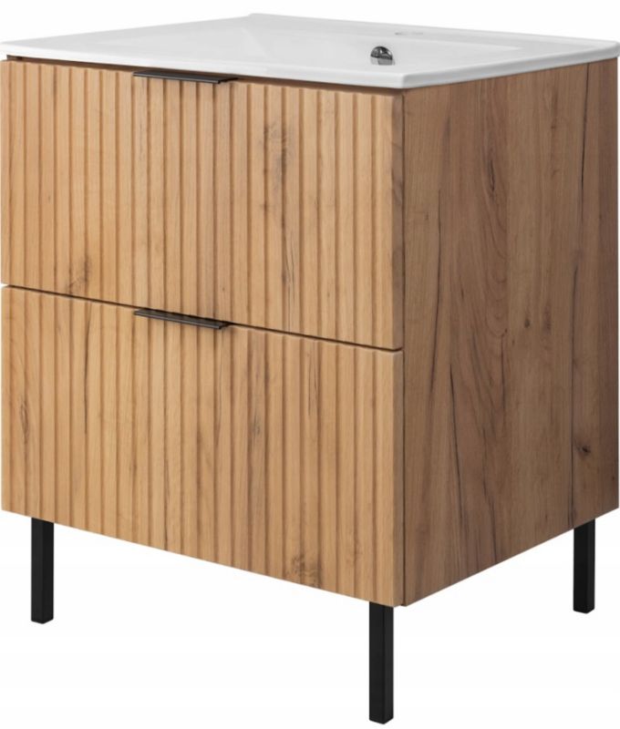 Szafka łazienkowa Furnidea 60 cm dąb craft złoty ryflowana z umywalką FLOW 1 szt.