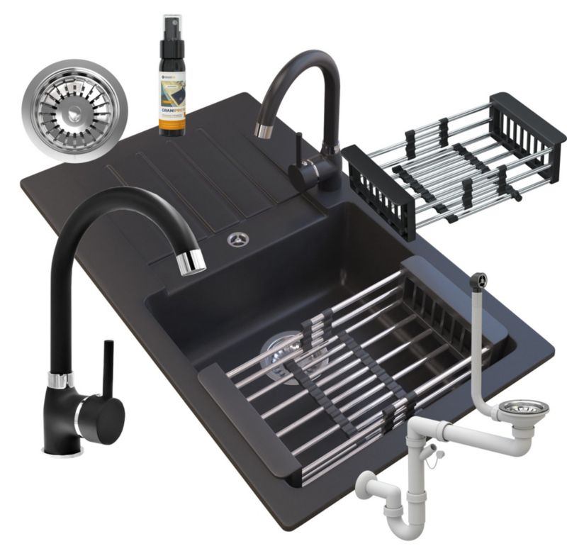 Zlewozmywak Granitowy Granitan Trix Jednokomorowy z Ociekarką, Syfonem i Baterią Beta 1kpl.