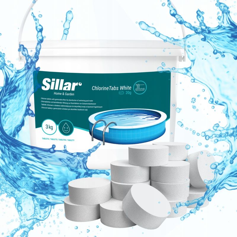 Chlor do basenu, Sillar, tabletki 20g, 3kg + preparat na glony, antyglon, w płynie, 3.2l, zestaw chemii basenowej, 2szt