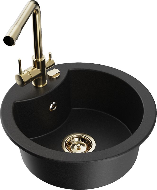 Zlewozmywak granitowy Mexen Diego 1-komorowy z baterią kuchenną Duero czarny 6512-77-671600-50