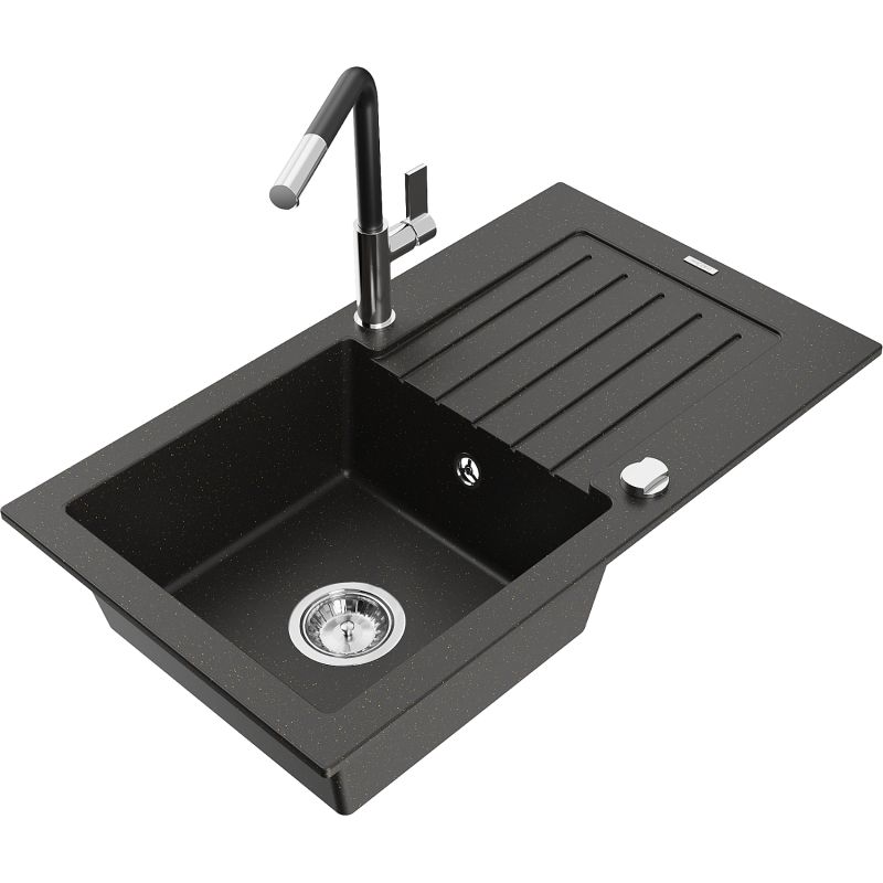 Zlewozmywak granitowy 1-komorowy Mexen Pablo z ociekaczem i baterią kuchenną Flora czarny/złoty metalik 6510-75-670401-07