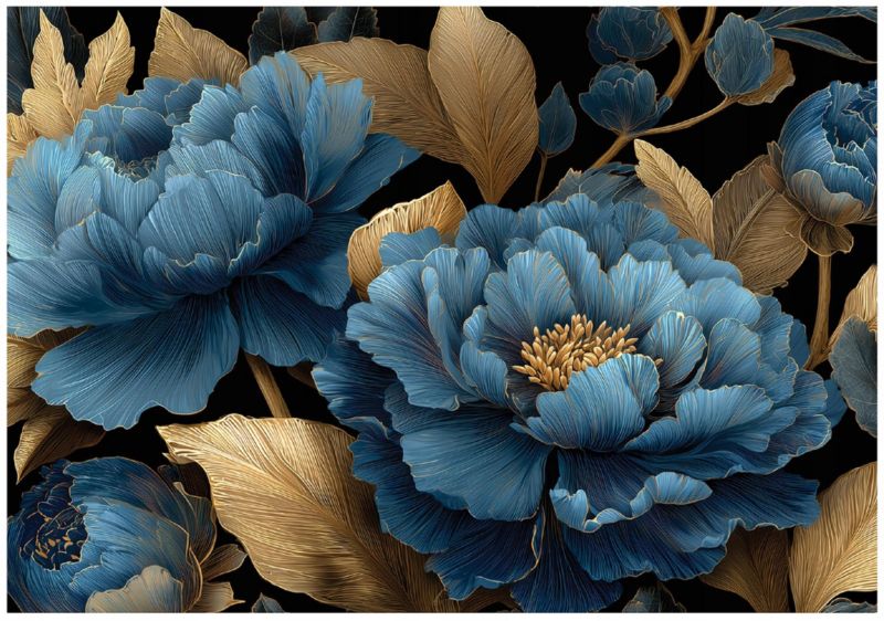 Fototapeta WALLARENA Do Sypialni Salonu Na Flizelinie Kwiaty Glamour Liście Niebieski 300x210 cm 16117VX6 1 szt.