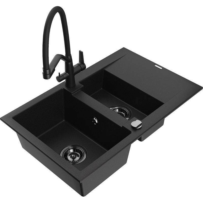 Zlewozmywak granitowy 1.5-komorowy Mexen Gaspar z ociekaczem i baterią Duo czarny nakrapiany - 6507-76-671701-70-B 1 szt.