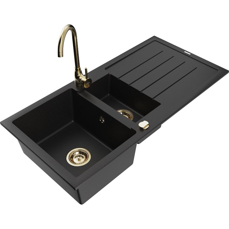 Zlewozmywak granitowy 1.5-komorowy Mexen Andres z ociekaczem i baterią Telma czarny nakrapiany - 6515-76-670200-76 1 szt.