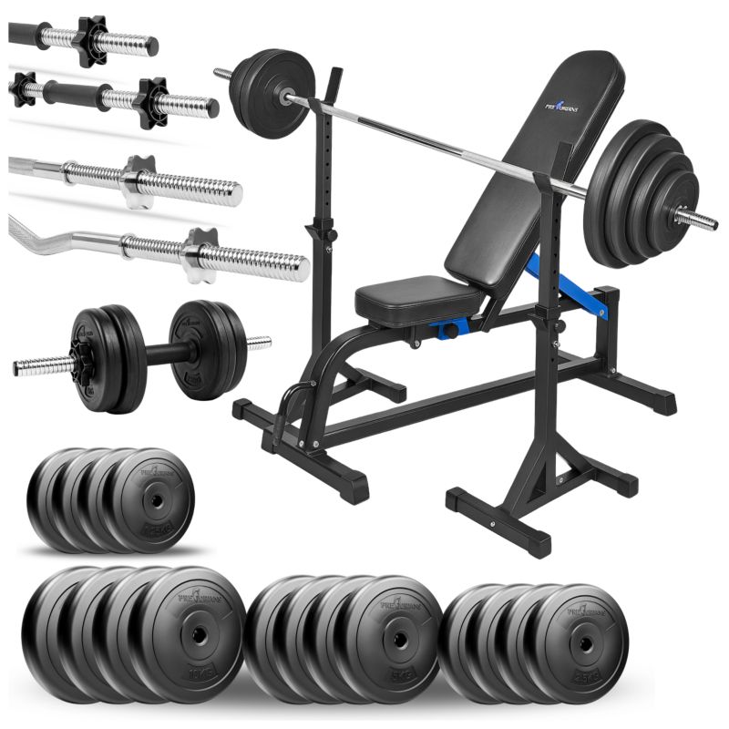Zestaw do ćwiczeń siłowych 125 kg z ławką treningową, stojakami, gryfami, obciążeniem 75 kg zestaw
