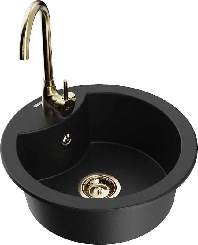 Zlewozmywak granitowy Mexen Diego 1-komorowy z baterią kuchenną Telma czarny 6512-77-670200-50