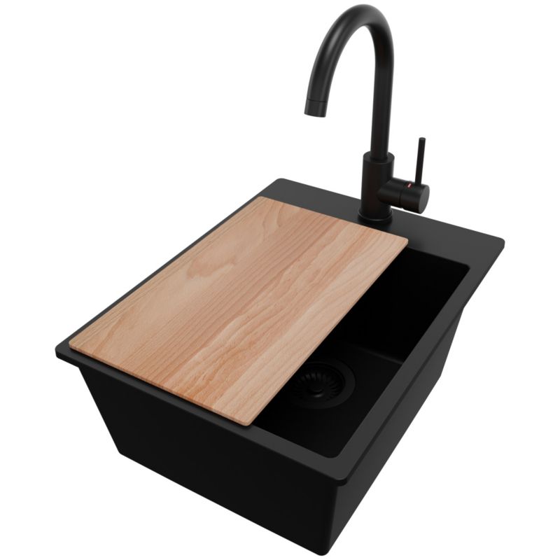 Zlewozmywak Granitowy Ryga PRIMAGRAN Nablatowy 38x50cm do szafki od 40cm z Syfonem i Baterią i Dodatkiem Cały Czarny 1 szt.