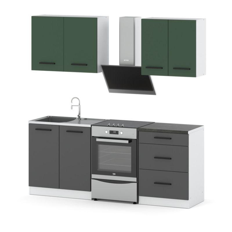 Zestaw Kuchenny Hurtownia-Mebli Z Blatem Kuchnia Mini Mokka 200cm Biały Mat Butelkowa Zieleń/Szary Mat 200x47x145 cm 1szt.