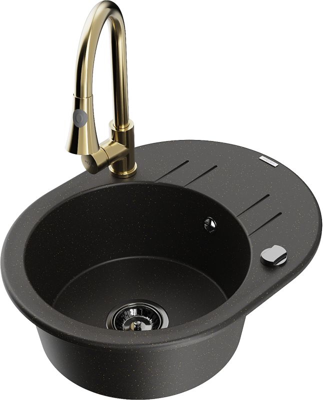 Zlewozmywak granitowy Mexen Kevin 1-komorowy z ociekaczem i baterią kuchenną Elia czarny/złoty 6517-75-670101-50-B
