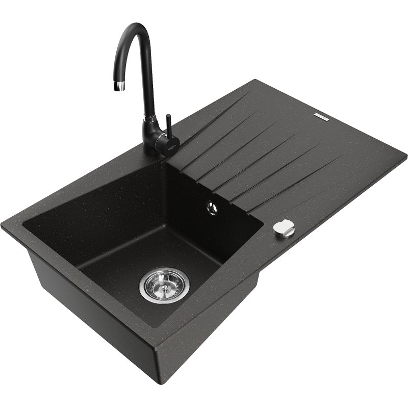 Zlewozmywak granitowy 1-komorowy Mexen Cesar z ociekaczem i baterią kuchenną Telma szary - 6514-71-670200-00 1 szt.