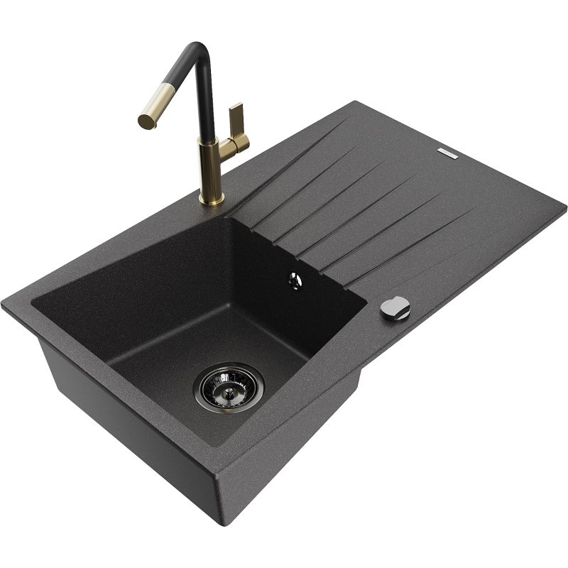 Zlewozmywak granitowy 1-komorowy Mexen Cesar z ociekaczem i baterią kuchenną Flora czarny nakrapiany 6514-76-670401-57-B