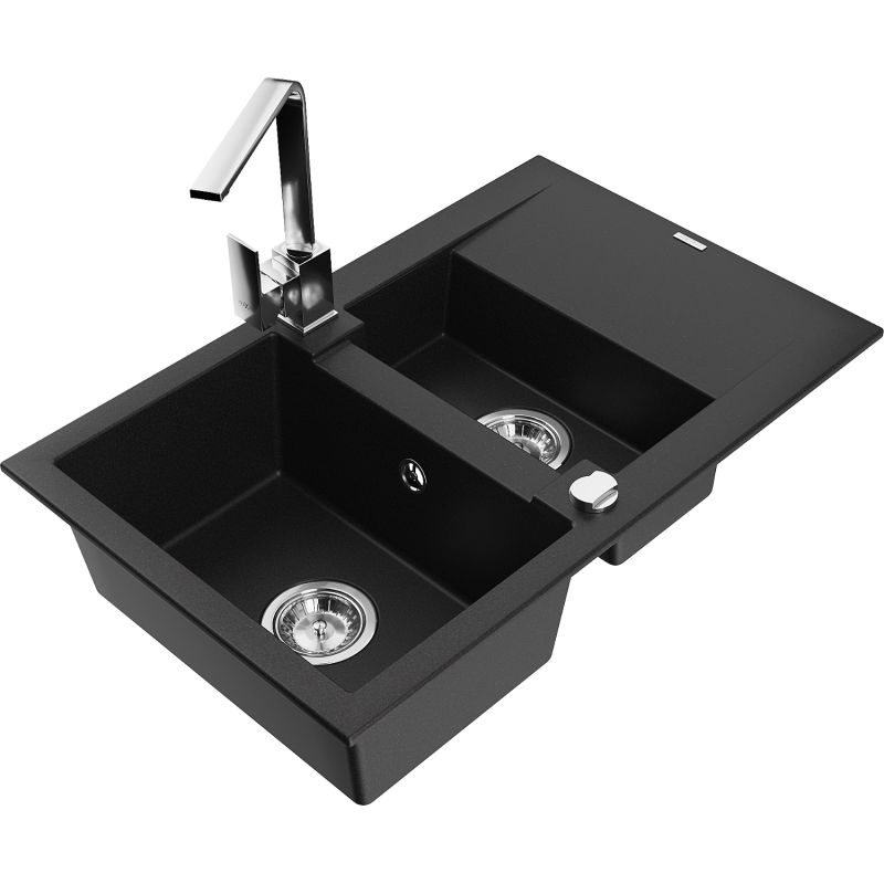 Zlewozmywak granitowy 1.5-komorowy Mexen Gaspar z ociekaczem i baterią kuchenną Rita czarny 6507-77-670300-00