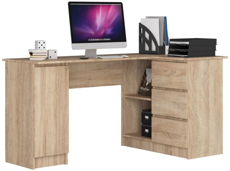 Biurko narożne Akord B20 Dąb Sonoma 155 cm prawe 1 drzwi 3 szuflady kolor Dąb Sonoma mat 4 półki 155x85x77 cm 1 szt.