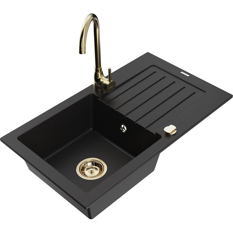 Zlewozmywak granitowy 1-komorowy Mexen Pablo z ociekaczem i baterią kuchenną Telma czarny 6510-77-670200-50