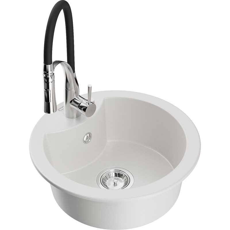 Zlewozmywak granitowy 1-komorowy Mexen Diego z baterią kuchenną Aster biały 6512-20-73450-07